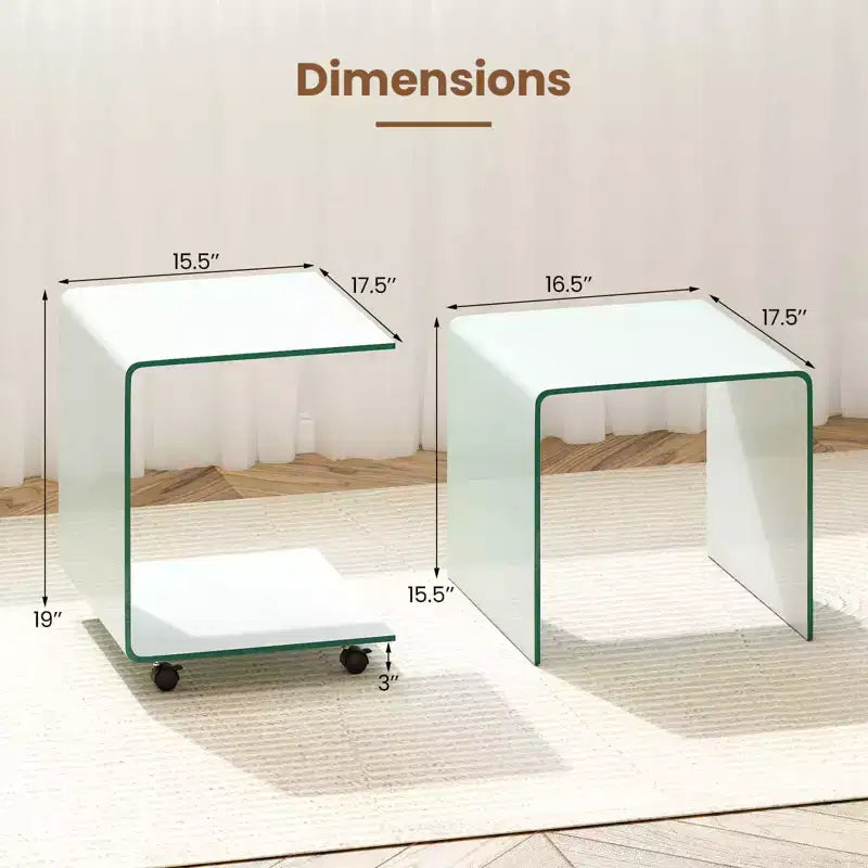 Costway 1/2 PCS C-Shaped End Table with 2-tier shelf, 4 Swivel Lockable Wheels for Living Room Transparent/White