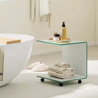 Table d'appoint en C avec étagère à 2 niveaux, 4 roulettes pivotantes et verrouillables pour salon Transparent/Blanc