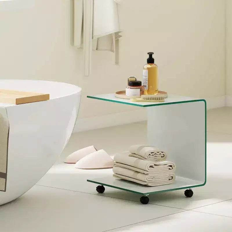 Costway 1/2 PCS C-Shaped End Table with 2-tier shelf, 4 Swivel Lockable Wheels for Living Room Transparent/White