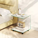 Table d'appoint en C avec étagère à 2 niveaux, 4 roulettes pivotantes et verrouillables pour salon Transparent/Blanc