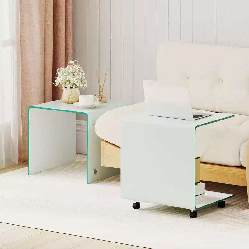 Costway 1/2 PCS C-Shaped End Table with 2-tier shelf, 4 Swivel Lockable Wheels for Living Room Transparent/White