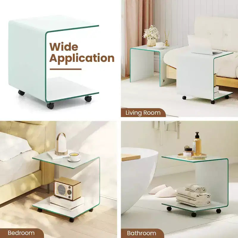 Costway 1/2 PCS C-Shaped End Table with 2-tier shelf, 4 Swivel Lockable Wheels for Living Room Transparent/White