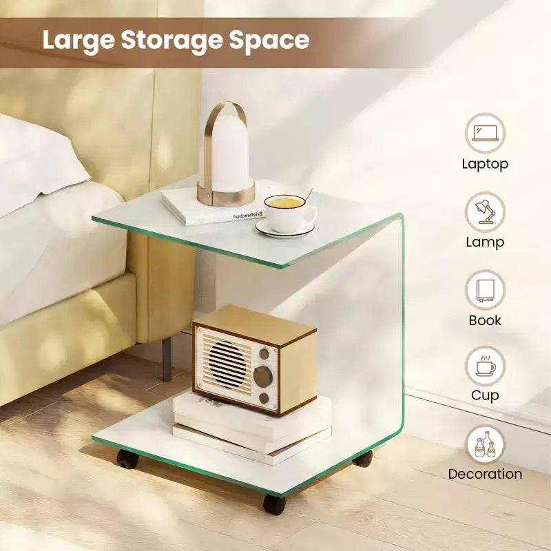 Costway 1/2 PCS C-Shaped End Table with 2-tier shelf, 4 Swivel Lockable Wheels for Living Room Transparent/White