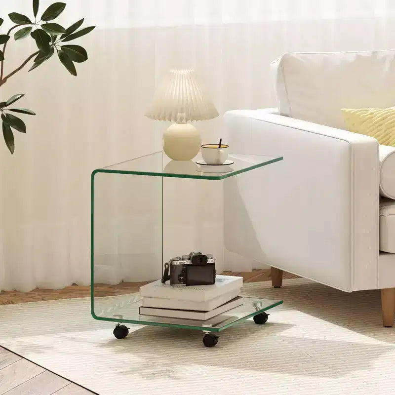 Costway 1/2 PCS C-Shaped End Table with 2-tier shelf, 4 Swivel Lockable Wheels for Living Room Transparent/White
