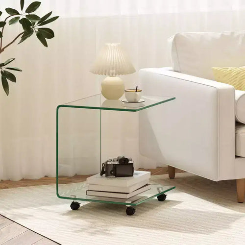 1/2 PCS C-Shaped End Table with 2-tier shelf, 4 Swivel Lockable Wheels for Living Room Transparent/White