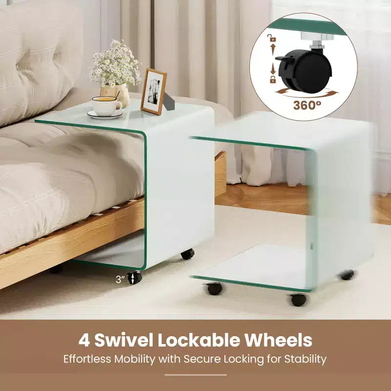 Costway 1/2 PCS C-Shaped End Table with 2-tier shelf, 4 Swivel Lockable Wheels for Living Room Transparent/White