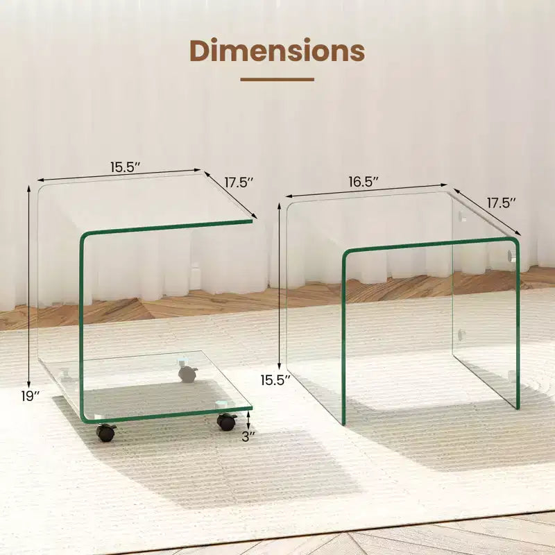 Costway 1/2 PCS C-Shaped End Table with 2-tier shelf, 4 Swivel Lockable Wheels for Living Room Transparent/White