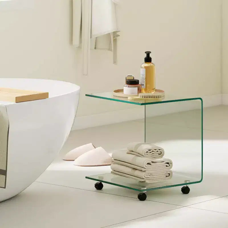 Costway 1/2 PCS C-Shaped End Table with 2-tier shelf, 4 Swivel Lockable Wheels for Living Room Transparent/White