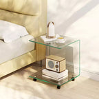 Table d'appoint en C avec étagère à 2 niveaux, 4 roulettes pivotantes et verrouillables pour salon Transparent/Blanc