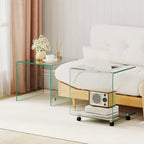 Table d'appoint en C avec étagère à 2 niveaux, 4 roulettes pivotantes et verrouillables pour salon Transparent/Blanc