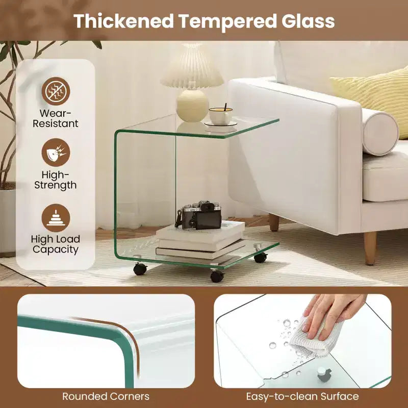 Costway 1/2 PCS C-Shaped End Table with 2-tier shelf, 4 Swivel Lockable Wheels for Living Room Transparent/White