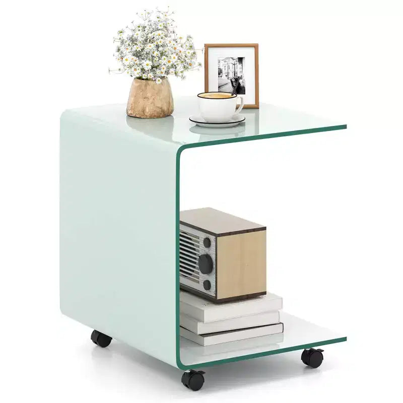 Costway 1/2 PCS C-Shaped End Table with 2-tier shelf, 4 Swivel Lockable Wheels for Living Room Transparent/White