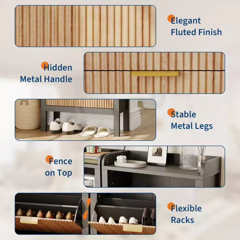 Shoe Storage Cabinet with 2 Flip Drawers, Fluted Narrow Shoe Organizer with Legs, Freestanding Hidden Cabinet for Entryway and Hallway