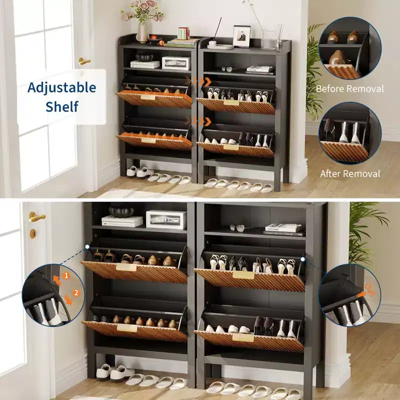 Shoe Storage Cabinet with 2 Flip Drawers, Fluted Narrow Shoe Organizer with Legs, Freestanding Hidden Cabinet for Entryway and Hallway
