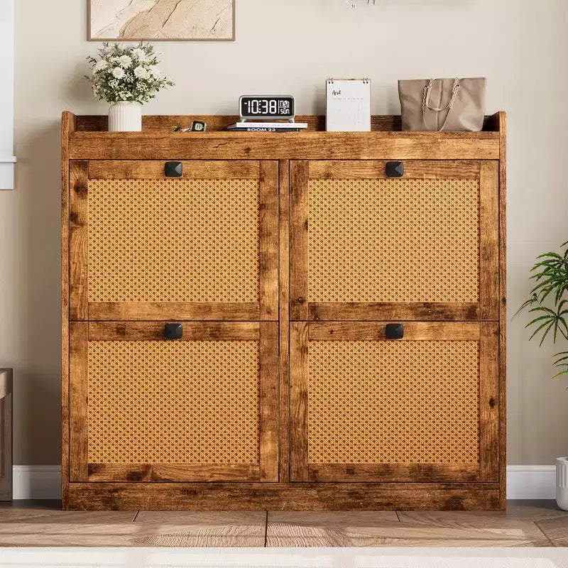 Shoe Cabinet with 4 Deep Flip Drawers, Base Freestanding Wooden Shoe Storage Cabinet, Shoe Organizer Hidden Shoe Rack for Entryway, Hallway, 2PCS
