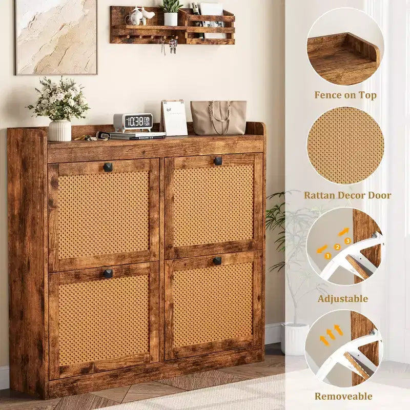 Shoe Cabinet with 4 Deep Flip Drawers, Base Freestanding Wooden Shoe Storage Cabinet, Shoe Organizer Hidden Shoe Rack for Entryway, Hallway, 2PCS