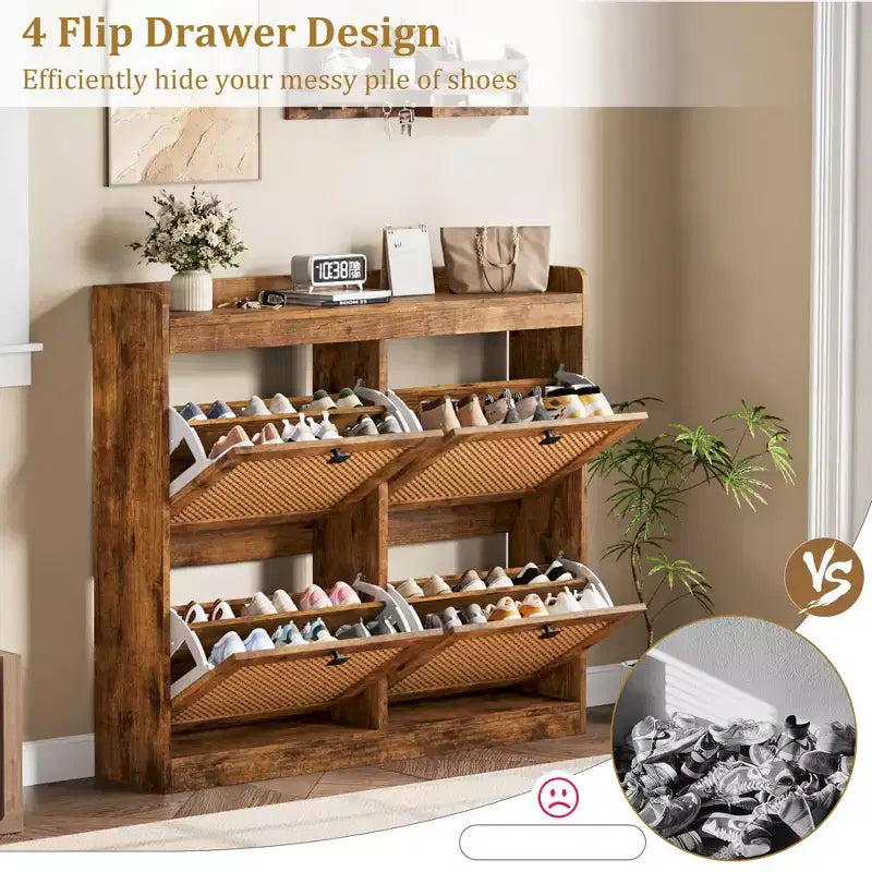 Shoe Cabinet with 4 Deep Flip Drawers, Base Freestanding Wooden Shoe Storage Cabinet, Shoe Organizer Hidden Shoe Rack for Entryway, Hallway, 2PCS