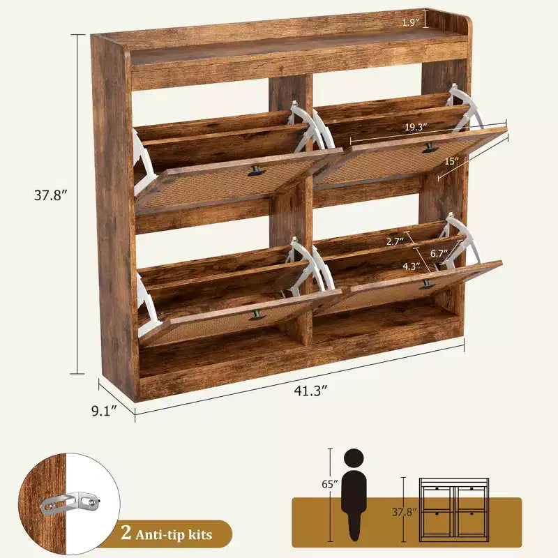 Shoe Cabinet with 4 Deep Flip Drawers, Base Freestanding Wooden Shoe Storage Cabinet, Shoe Organizer Hidden Shoe Rack for Entryway, Hallway, 2PCS