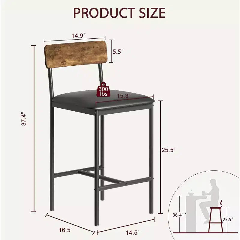 Acekool 65cm Counter Height Bar Stools Set of 4 Faux Leather with Back and Footrest for Kitchen Island