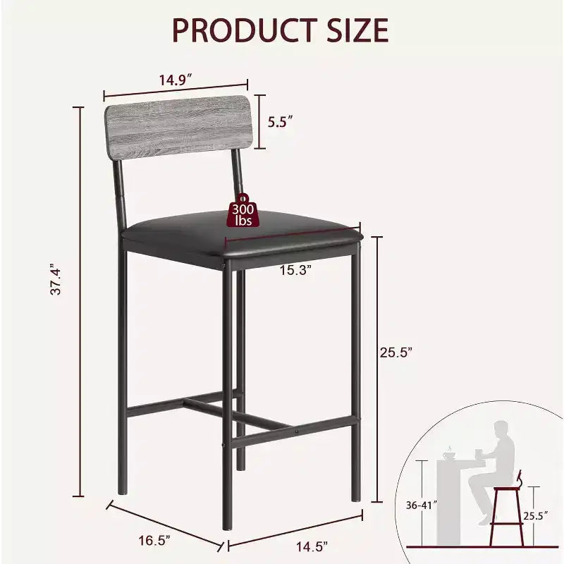 Acekool 65cm Counter Height Bar Stools Set of 4 Faux Leather with Back and Footrest for Kitchen Island