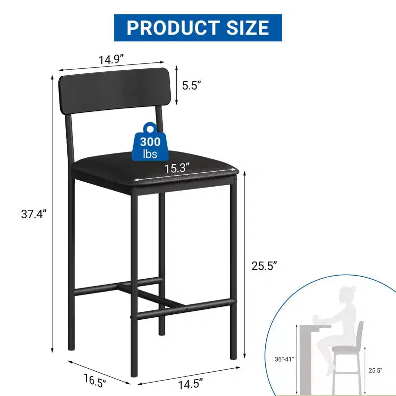 Acekool 65cm Counter Height Bar Stools Set of 4 Faux Leather with Back and Footrest for Kitchen Island