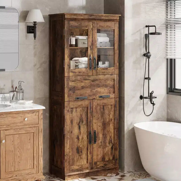 Meuble de rangement haut de 67 pouces avec 4 portes, étagères réglables et tiroir en verre rabattable, pour salle de bain, cuisine, salon