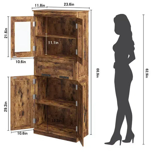 67 Tall Storage Cabinet with 4 Doors, Adjustable Shelves & Flip Glass Drawer, for Bathroom, Kitchen, Living Room