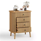 Commode à 4 tiroirs pour chambre et salon, commode de rangement bohème en osier avec poignées noires et pieds en bois, naturel