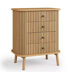 Commode à 4 tiroirs pour chambre et salon, commode de rangement bohème en osier avec poignées noires et pieds en bois, naturel