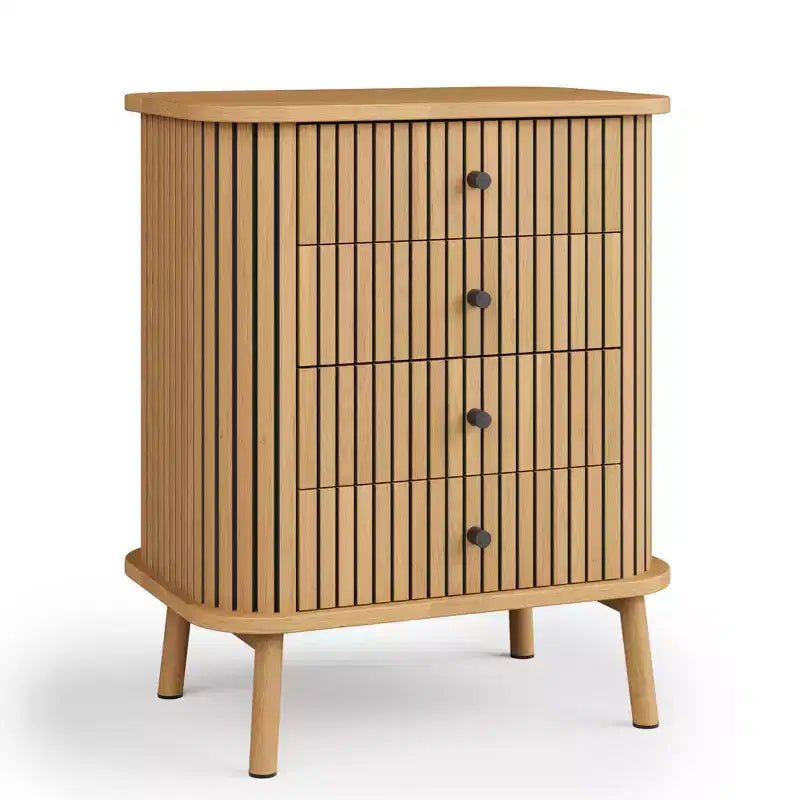 Acekool 4 Drawer Dresser Chest for Bedroom Living Room, Boho Wicker MDF Storage Nightstand with Black Handles Wood Legs, Natural