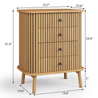 Commode à 4 tiroirs pour chambre et salon, commode de rangement bohème en osier avec poignées noires et pieds en bois, naturel