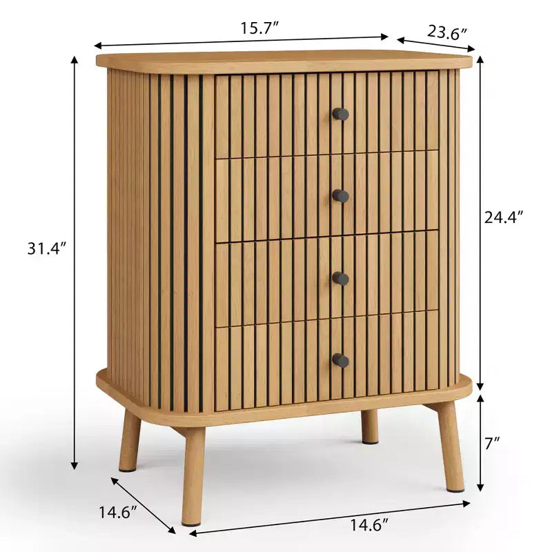 Acekool 4 Drawer Dresser Chest for Bedroom Living Room, Boho Wicker MDF Storage Nightstand with Black Handles Wood Legs, Natural