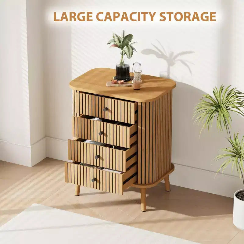 Acekool 4 Drawer Dresser Chest for Bedroom Living Room, Boho Wicker MDF Storage Nightstand with Black Handles Wood Legs, Natural