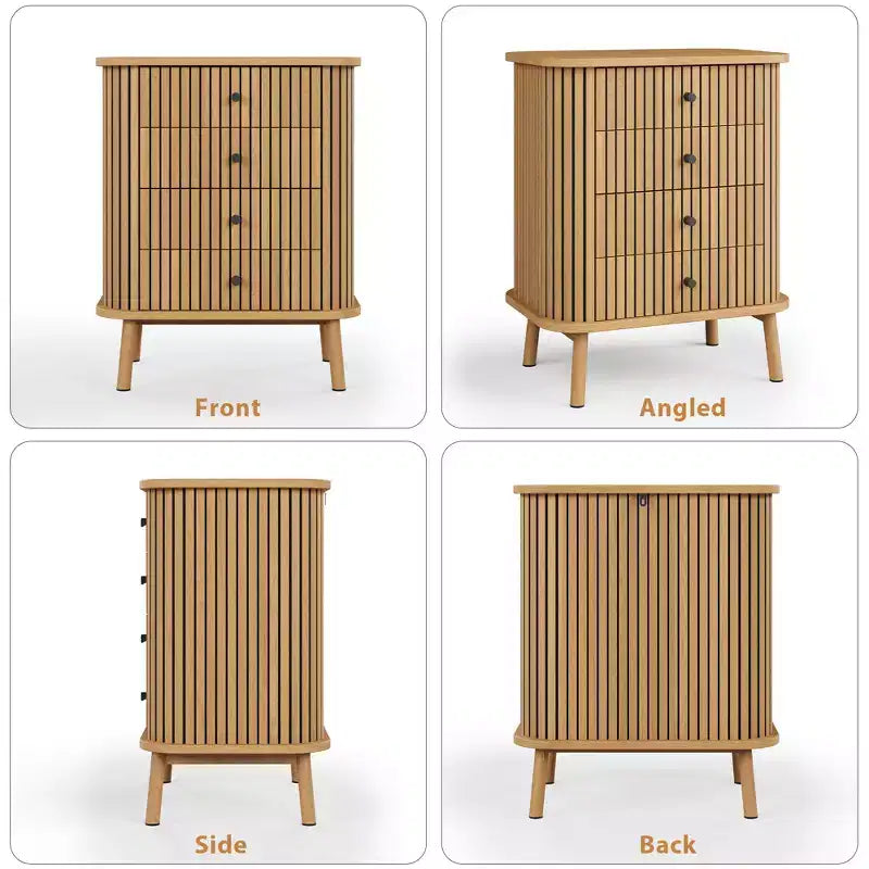 Acekool 4 Drawer Dresser Chest for Bedroom Living Room, Boho Wicker MDF Storage Nightstand with Black Handles Wood Legs, Natural