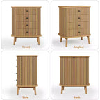 Commode à 4 tiroirs pour chambre et salon, commode de rangement bohème en osier avec poignées noires et pieds en bois, naturel