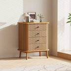 Commode à 4 tiroirs pour chambre et salon, commode de rangement bohème en osier avec poignées noires et pieds en bois, naturel