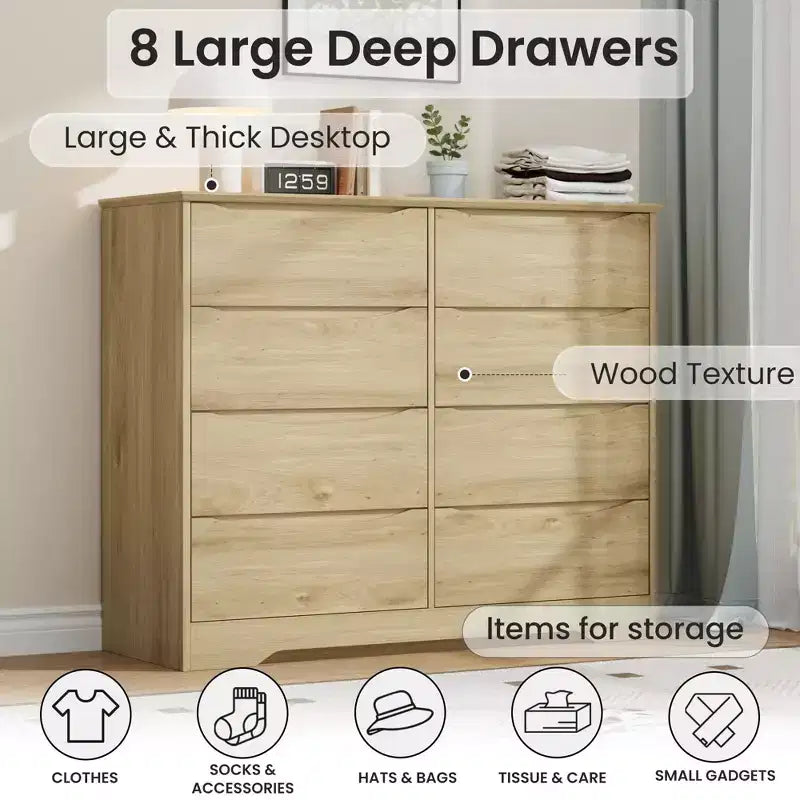 8-Drawer Wooden Dresser - 47.2 Wide, Deep Storage for Bedroom, Living Room & Hallway