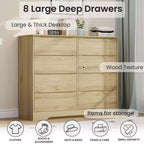 Commode en bois à 8 tiroirs - 120 cm de large, rangement profond pour chambre, salon et couloir