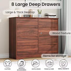 Commode en bois à 8 tiroirs - 120 cm de large, rangement profond pour chambre, salon et couloir