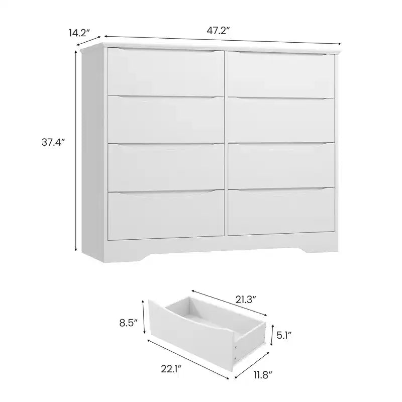 8-Drawer Wooden Dresser - 47.2 Wide, Deep Storage for Bedroom, Living Room & Hallway