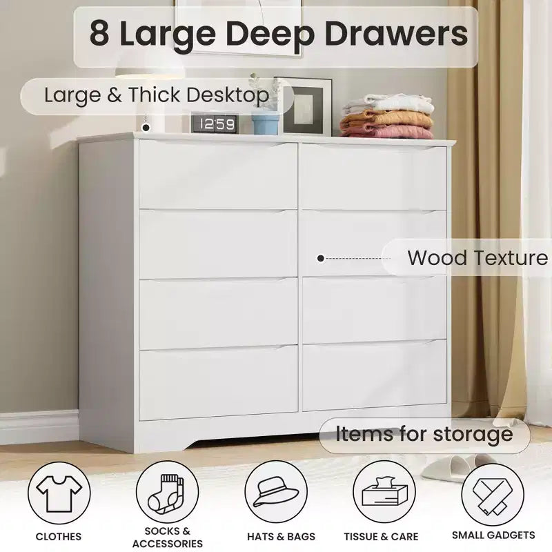 8-Drawer Wooden Dresser - 47.2 Wide, Deep Storage for Bedroom, Living Room & Hallway