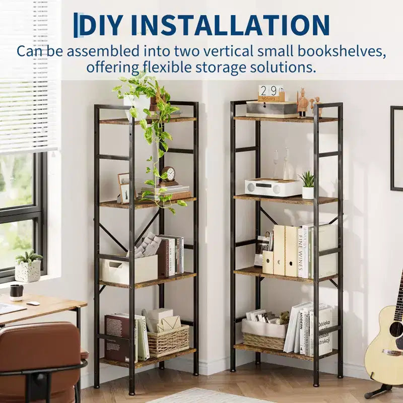 Industrial 4-Tier Wooden Bookcase, Open Bookshelf, Sturdy Metal Frame, Rustic Display Storage Shelves, for Living Room, Bedroom