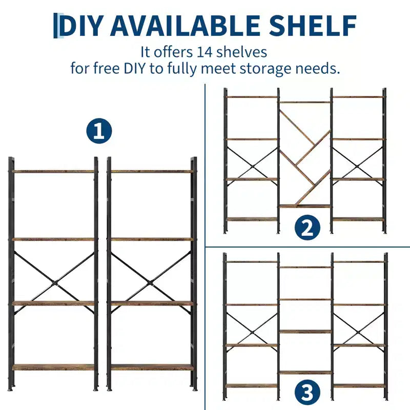 Industrial 4-Tier Wooden Bookcase, Open Bookshelf, Sturdy Metal Frame, Rustic Display Storage Shelves, for Living Room, Bedroom