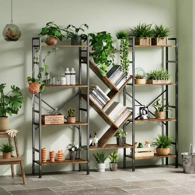 Industrial 4-Tier Wooden Bookcase, Open Bookshelf, Sturdy Metal Frame, Rustic Display Storage Shelves, for Living Room, Bedroom