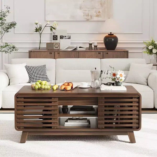 Table basse moderniste du milieu du siècle avec plateau coulissant et rangement dissimulé