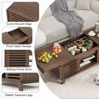 Table basse moderniste du milieu du siècle avec plateau coulissant et rangement dissimulé