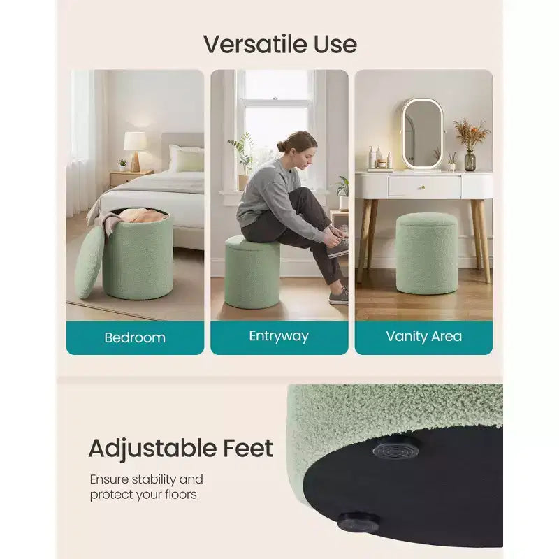 SONGMICS Vanity Stool, Set of 2, Round Storage Ottoman, Small Coffee Table, Foot Stool, Removable Lid, Easy Assembly, Teddy Fleece
