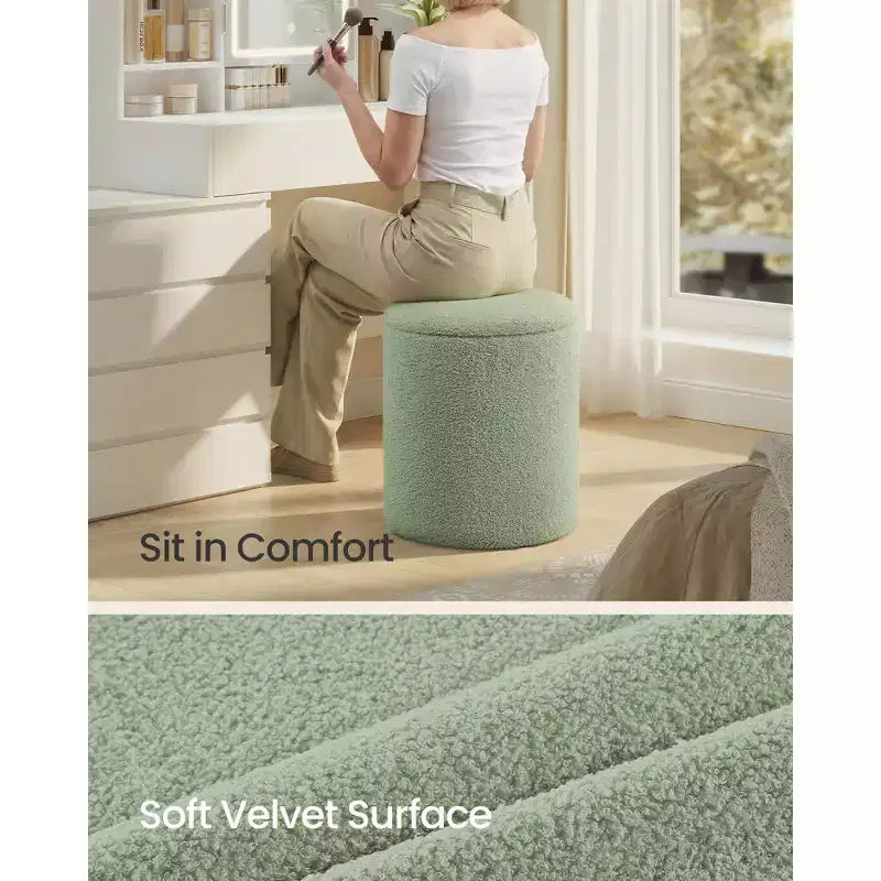SONGMICS Vanity Stool, Set of 2, Round Storage Ottoman, Small Coffee Table, Foot Stool, Removable Lid, Easy Assembly, Teddy Fleece