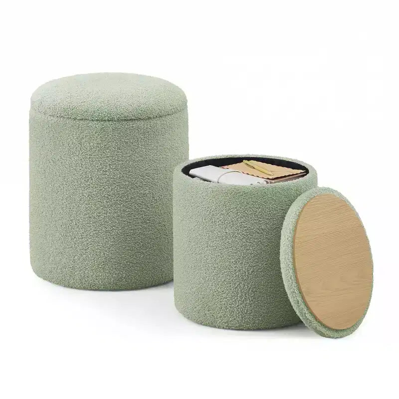 SONGMICS Vanity Stool, Set of 2, Round Storage Ottoman, Small Coffee Table, Foot Stool, Removable Lid, Easy Assembly, Teddy Fleece