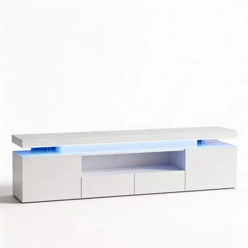 TV Stand for 75/80/85 Inch TV, Modern High Gloss Entertainment Center, Glass Storage Shelves, Media Console Table for Living Room & Bedroom